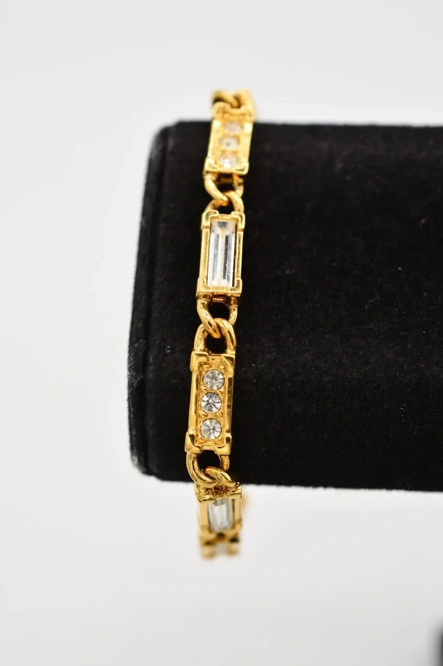 Swarovski Crystal Bracelet Baguette Rhinestone Gold Tone Swan Signed 1980s Bin8